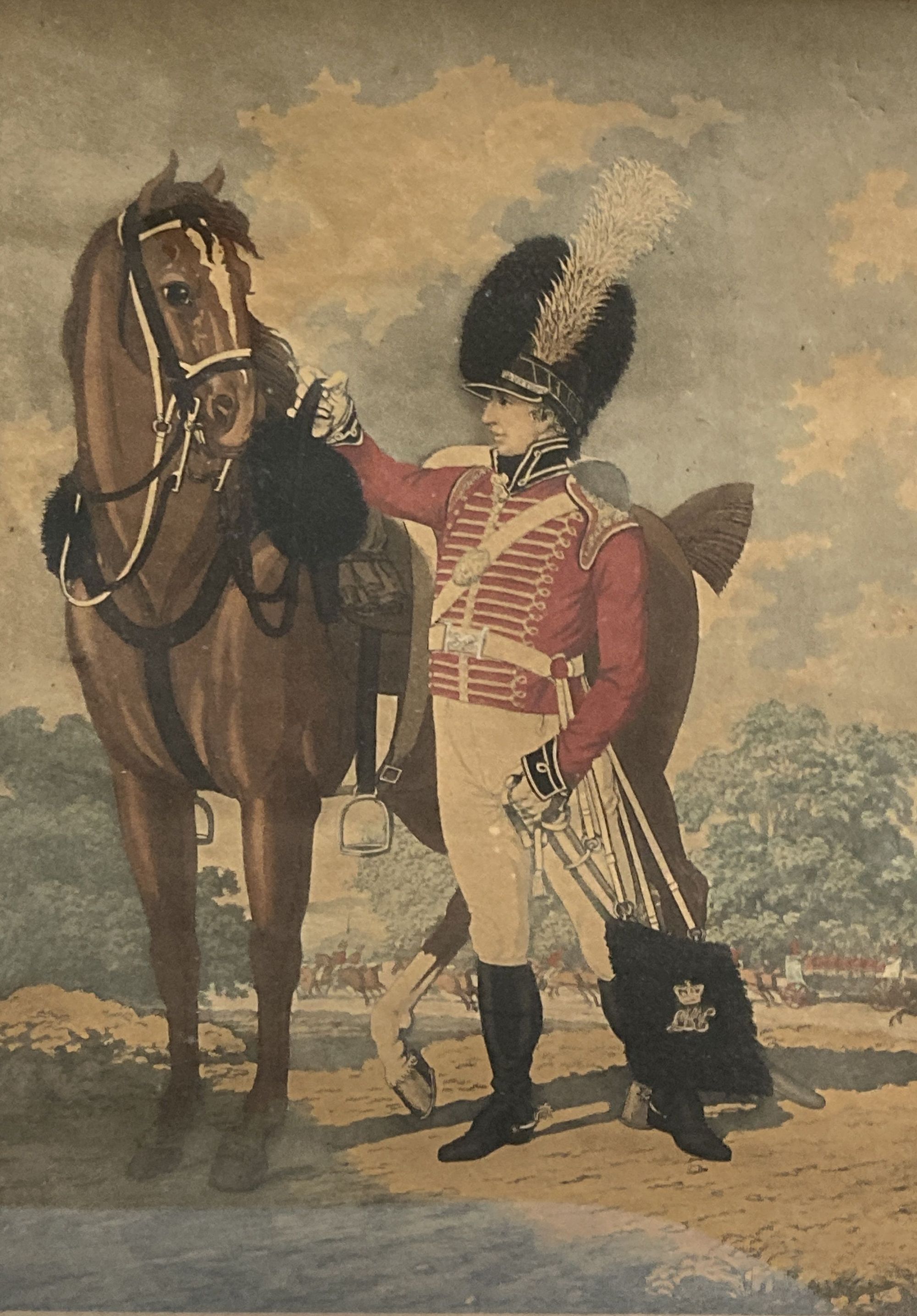 English School c.1800, watercolour, Portrait of a Hussar standing beside his horse, with George III cypher on the saddle, 41 x 27cm and